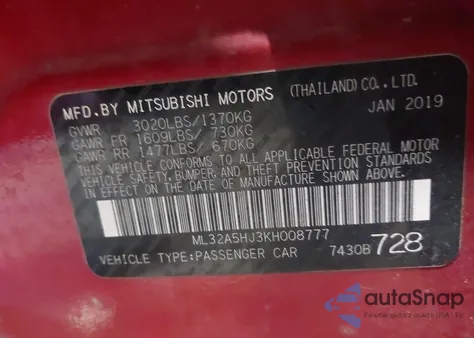2019 Mitsubishi Mirage Le z USA, uszkodzony, nr VIN ML32A5HJ3KH008777
